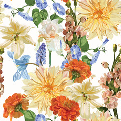 Seamless Pattern. Garden beige flowers. Magical lily, dahlia, iris flowers. Realistic vector image. Print for all types of surfaces. Trendy print.