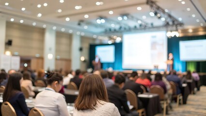 Group of attendees in bright hall with clean stage and empty screen — business event preparation

