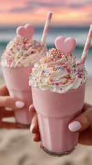 Milk shake &agrave; la fraise recouvert de cr&egrave;me Chantilly, dans des verres tenus par des mains de femmes aux ongles vernis