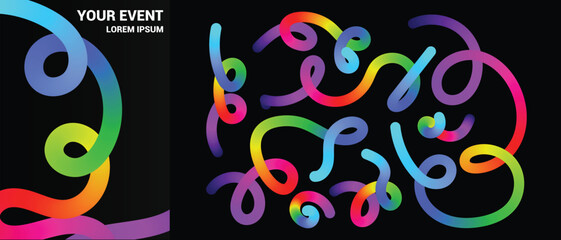 Minimalist squiggle style illustration in bold line gradient on black background. Repeating playful loops form a visual rhythm. Rainbow Colored Fluid Graphic Elements. 3D Wavy and Spiral Ribbon. 