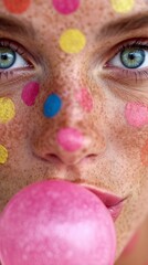 Gros plan sur un visage de femme maquill&eacute;e avec des t&acirc;ches de couleurs vives et qui souffle une bulle de chewing-gum rose