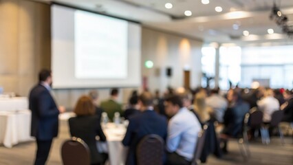 Professionals gathered in contemporary conference hall with blank screen — corporate event atmosphere
