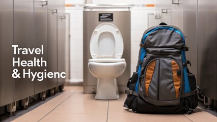 A travel backpack is placed near a toilet in a public restroom, highlighting themes of health and hygiene during travel.