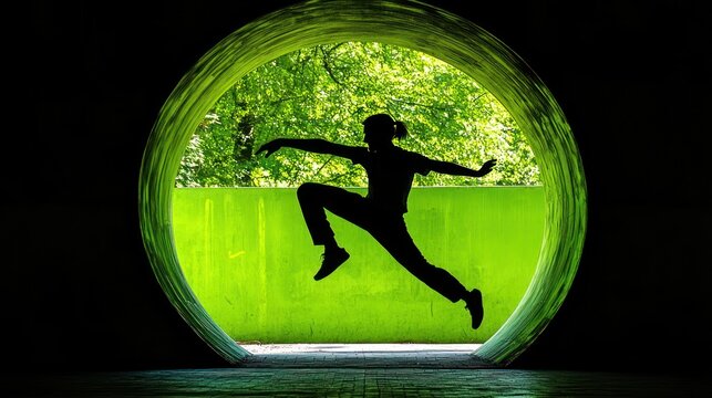 Silhouette of a person performing a martial arts jump within a circular tunnel opening onto a vibrant green backdrop - Powered by Adobe