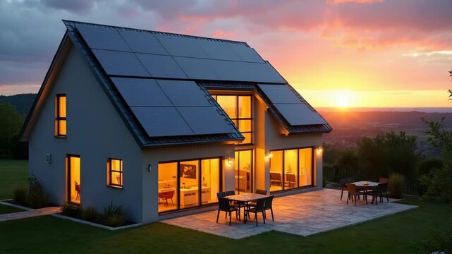 A contemporary home equipped with solar panels, glowing warmly at sunset, symbolizing sustainable living. The scenic backdrop adds to the serene ambiance.