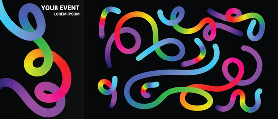 Colorful Gradient curves on black background. Cool and fun graphics design elements. Vector Swirl Rainbow Ribbons.  Abstract Modern Pattern with Fluid Wavy Color Spirals. Minimalist squiggle style