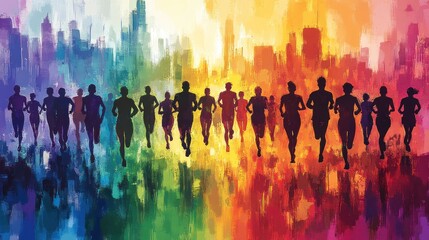 Silhouette runners in a vibrant city landscape.  Runners of varying sizes form a long line against a colorful cityscape background with blurred, painted effects
