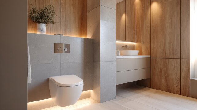 minimal guest toilet, wall hung toilet, light wood decor, hidden lighting, calm neutral tones