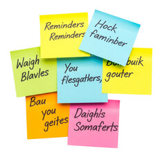 Colorful sticky notes with handwritten reminders and messages isolated on transparent background