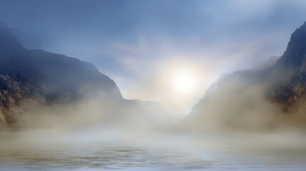 Obraz premium Misty mountains rise above a tranquil lake.