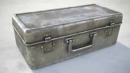A weathered, rectangular metal tool box, showing signs of age and use.  The metal has a muted greyish-green patina.  It has a handle and a clasp closure