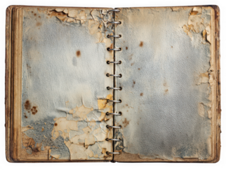 Ancient weathered open book with worn pages isolated on transparent background