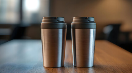 Two stainless steel tumblers on a wooden table.  Close-up of the insulated cups with dark gray lids.  Blurred cafe background