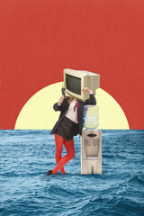 Surreal collage of businesswoman with CRT monitor head leaning on watercooler in ocean with phone....
