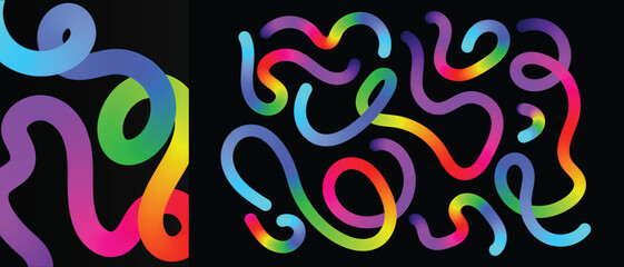Abstract 3D Color Line Shapes. Gradient Waves Pattern on a Black Background. Fluid Wavy Color Spirals. Vector Swirl Rainbow Ribbons. Colored Fluid Graphics Element Design. Minimalist squiggle style 
