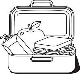 Line Art Lunch Box with Juice, Apple, and Sandwiches
