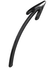 Curved 3d arrow pointing upward and to the right, rendered in glossy black. The surface is smooth and reflective, accentuating its sleek and modern appearance. The arrow has a dynamic shape.