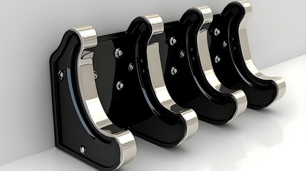 Four coat hooks mounted on a wall, sleek design.  Modern, black, curved, metal,  and  silver accents,  practical, stylish, and well-crafted