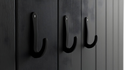 Three black coat hooks on a dark wooden wall