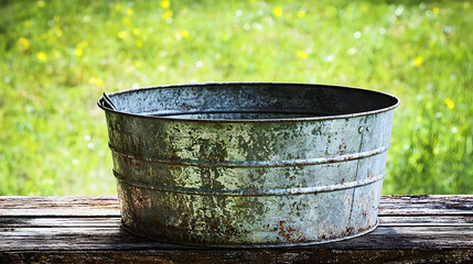 Rustic metal basin on weathered wooden surface, surrounded by vibrant green grass and wildflowers