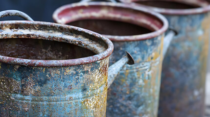 Aged metal watering cans, close-up view.  Three rustic, cylindrical containers with handles and spouts.  Rough, weathered surfaces, showing rust and varied blue/gray tones.  Shallow depth of field