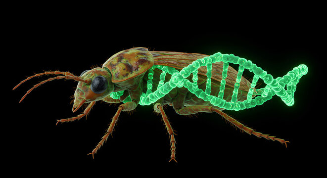 Genetic engineering concept featuring a beetle overlaid with a luminous DNA strand, symbolizing