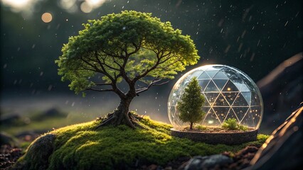 Lush green tree and sapling protected inside a glass dome in a misty forest