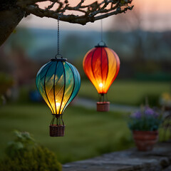 Obraz premium Whimsical glowing hot air balloon lanterns illuminate a magical evening garden