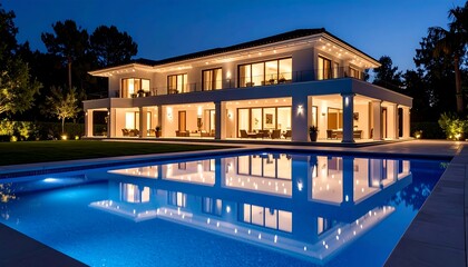 Luxurious modern home illuminated at night, reflecting in a pristine pool