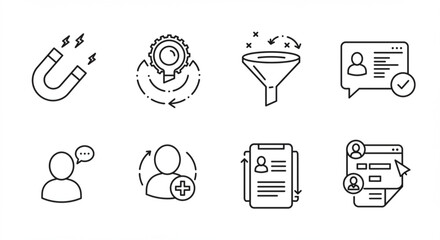 Collection of eight business related icons including magnet, funnel, gear, and user interface elements vreated with genrated ai