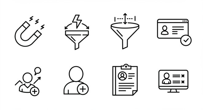 Icons representing recruitment process with magnet, funnel, user profiles and application forms vreated with genrated ai