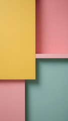 Fototapeta premium Geometric arrangement of pastel yellow pink and teal blocks with shadows abstract background image