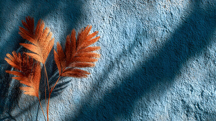 Golden dried reeds cast shadows on textured blue wall, creating a modern, artistic backdrop