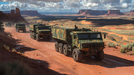 Military trucks traverse a dusty desert road, passing through a scenic canyon.  Three large vehicles, camouflaged in earthy tones, navigate a rugged terrain.  Red rock formations frame the landscape