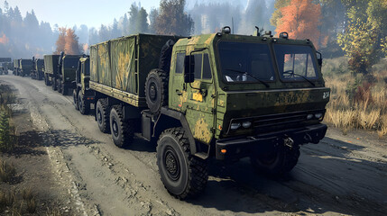 Military trucks convoy on a dirt road, autumn forest backdrop.  Multiple trucks with cargo containers, camouflage pattern, large tires, and robust construction