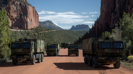 Military trucks convoy through a desert mountain pass.  Several large, four-wheel drive trucks are moving down a dirt road.  Red rock cliffs surround the road.  Clear blue sky