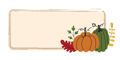 Horizontal fall label with orange and green pumpkins and colorful autumn leaves in hand drawn style