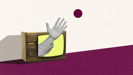Creative artwork of hand reaching from retro TV on magenta background. Concept of nostalgia, old...