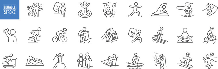 Sports and Fitness Activity Icons – Yoga, Gym, Workout, Running, Swimming, Jumping, Exercise, Fitness, Dance, Game, Flexibility, Training, Team, Athlete, Balance, Move, Energy, Activity, Motion