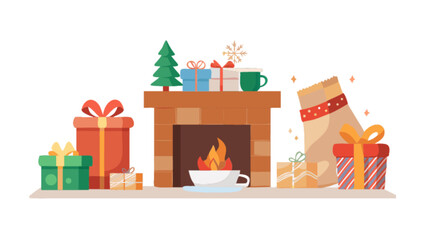 Christmas fireplace scene with gifts and tree vector illustration holiday season design element