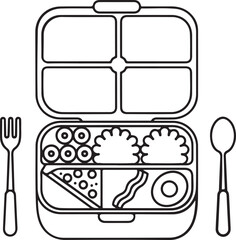 Line Art Lunch Box with Food and Cutlery Icon Set