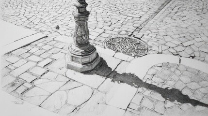 Detailed pencil sketch of cobblestone pavement with a lamppost and shadows.