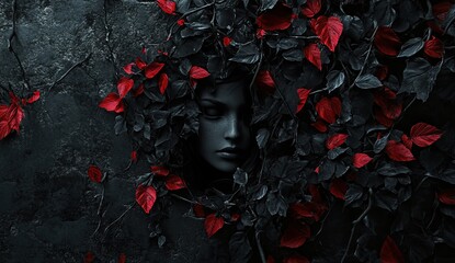 A dark, moody wall with dark gray flowers, red leaves, and a woman's face
