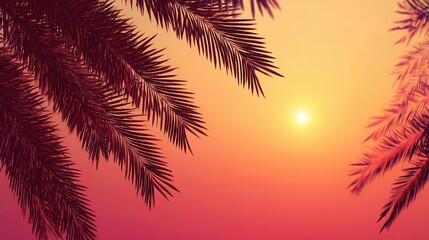 Sunset sky framed by palm leaves.