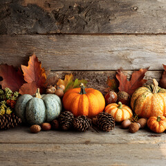 White and orange pumpkins with autumn leaves and berries on natural wooden surface, ideal for Thanksgiving, fall harvest scenes, kitchen decor, or seasonal backgrounds with cozy charm
