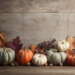 Autumn harvest still life with green and orange pumpkins, pine cones, berries, and leaves on dark wood, representing seasonal Thanksgiving decor with cozy, rustic, and earthy vibes