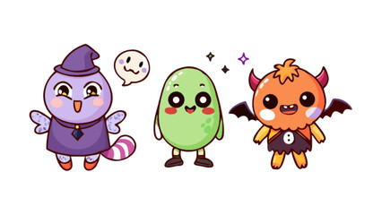 Obraz premium Cute halloween characters vector illustration witch ghost and devil design for party invitation card