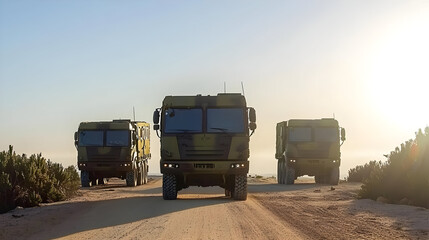 Military trucks on a dusty road, under a pale sunrise. Three vehicles, camouflage design, heavy duty construction,  moving along an unpaved road in a sunny landscape