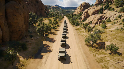 A long line of military vehicles travels down a dusty road through a dry, rocky desert landscape.  Shadows stretch from the vehicles onto the road
