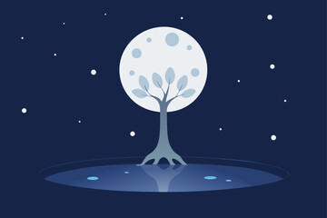 Stylized tree under a full moon reflected in water